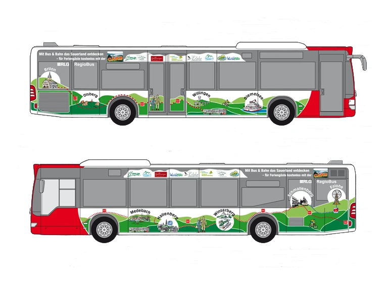 Gestaltung eines RegioBusses der RLG von beiden Seiten: grüne Hügellandschaft mit Orten wie Brilon, Olsberg, Willingen, Diemelsee, Medebach, Hallenberg, Winterberg, Schmallenberg und Eslohe