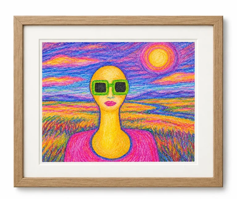 Gerahmte Farbstiftzeichnung: Figur mit grüner Sonnenbrille vor einer leuchtend bunten Landschaft mit roter Sonne
