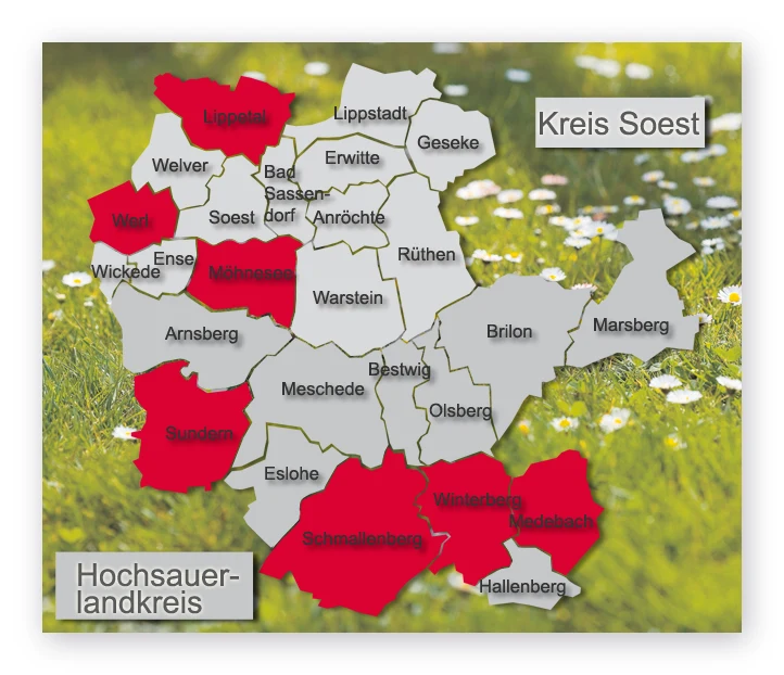 Illustrierte Landkarte mit den Kreisen und Städten der Region, einige Flächen rot hervorgehoben