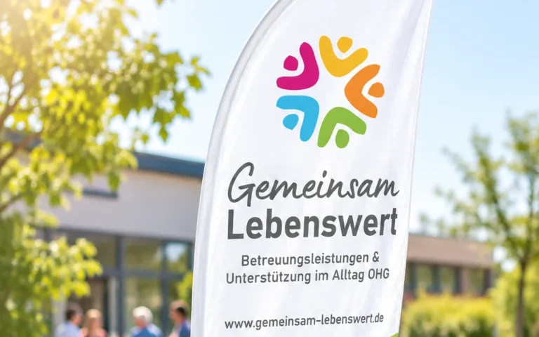 Weiße Beachflag mit dem farbigen Logo von Gemeinsam Lebenswert vor einem Gebäude in der Sonne