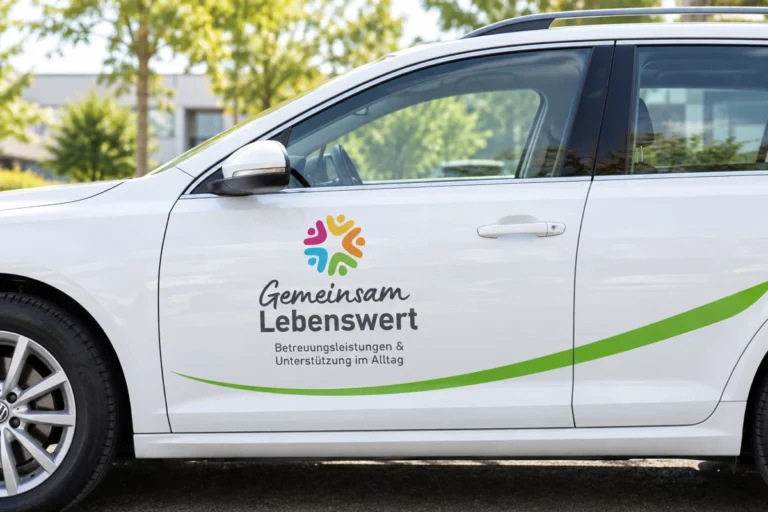 Weißes Auto mit dem Logo von Gemeinsam Lebenswert und einem grünen Schwung auf der Fahrertür