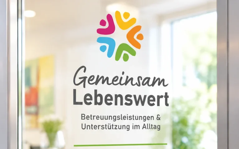 Glastür mit dem farbigen Logo und Schriftzug von Gemeinsam Lebenswert, Betreuungsleistungen und Unterstützung im Alltag