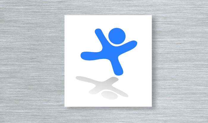 Logo aus einer blauen, springenden Figur mit ausgebreiteten Armen und ihrem Schatten