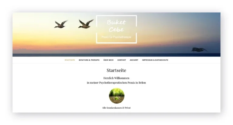 Startseite der Website einer Praxis für Psychotherapie in Brilon: oben ein Sonnenuntergang am Meer mit Vögeln und dem Schriftzug der Praxis, darunter Menü und Begrüßungstext