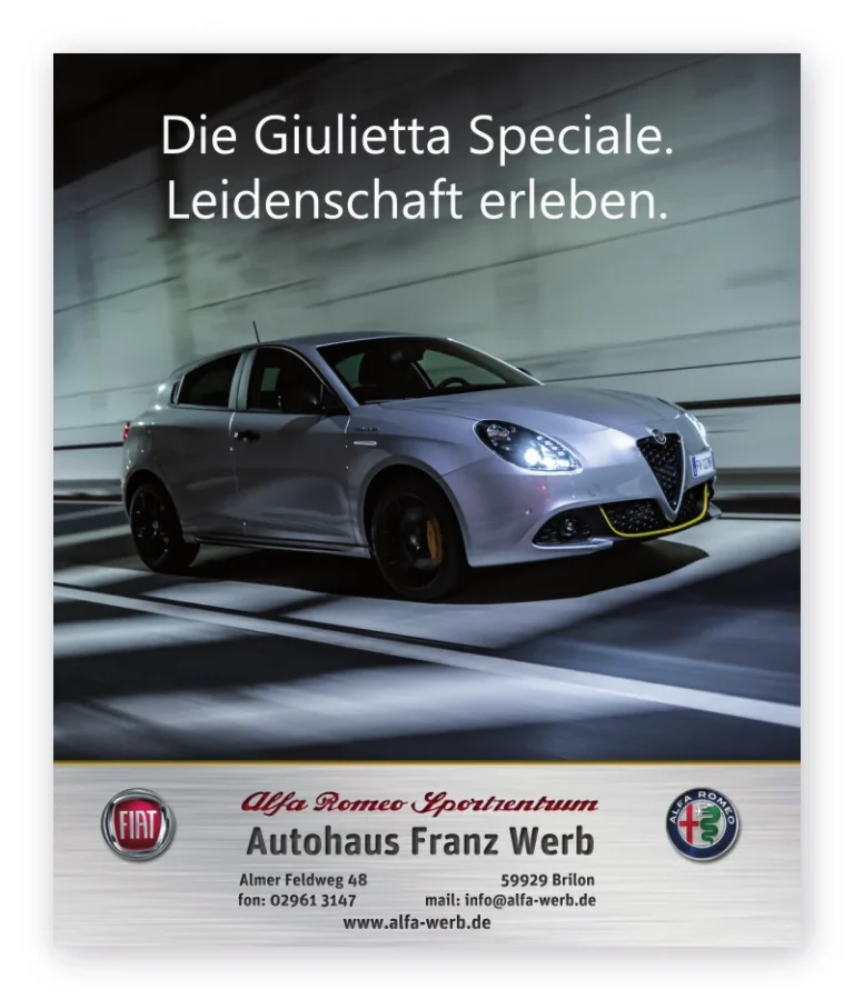 Anzeige des Autohauses Franz Werb: ein silberner Alfa Romeo Giulietta in einer beleuchteten Tiefgarage, darüber „Die Giulietta Speciale. Leidenschaft erleben.“